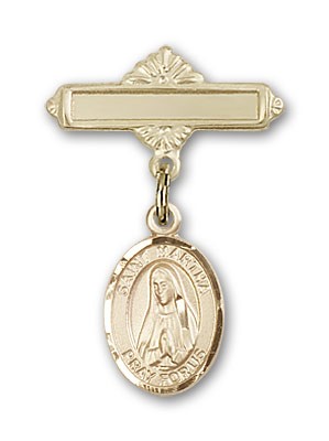 Pin Badge with St. Martha Charm and Polished Engravable Badge Pin - 14K Solid Gold