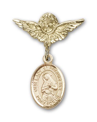 Pin Badge with Our Lady of Providence Charm and Angel with Smaller Wings Badge Pin - Gold Tone