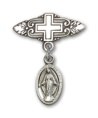 Pin Badge with Blue Miraculous Charm and Badge Pin with Cross - Silver tone