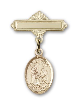 Pin Badge with St. Zita Charm and Polished Engravable Badge Pin - 14K Solid Gold