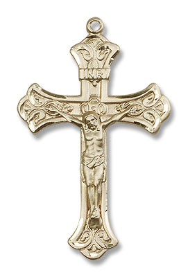 Men's Budded Tip with Scrolls Crucifix Pendant - 14K Solid Gold