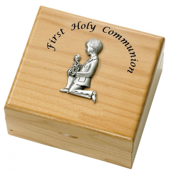 First Communion Boy's Maple Wood Keepsake Box - Light Brown