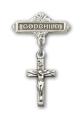 Baby Badge with Crucifix Charm and Godchild Badge Pin - Silver tone