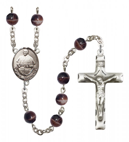 Men's Pope Francis Silver Plated Rosary - Brown