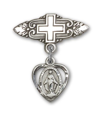 Pin Badge with Miraculous Charm and Badge Pin with Cross - Silver tone