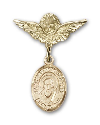 Pin Badge with St. Francis de Sales Charm and Angel with Smaller Wings Badge Pin - Gold Tone