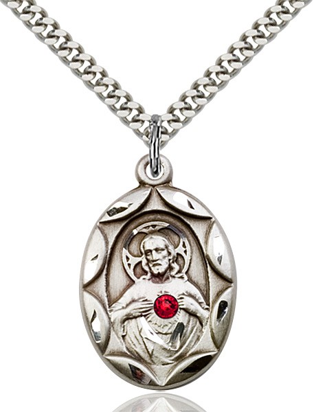 Oval Etched Scapular Pendant with Birthstone Options - Sterling Silver