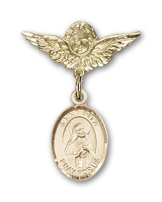 Pin Badge with St. Rita of Cascia Charm and Angel with Smaller Wings Badge Pin - 14K Solid Gold