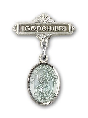 Pin Badge with St. Christopher Charm and Godchild Badge Pin - Silver | Blue