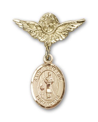 Pin Badge with St. Genesius of Rome Charm and Angel with Smaller Wings Badge Pin - 14K Solid Gold