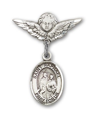 Pin Badge with St. Raphael the Archangel Charm and Angel with Smaller Wings Badge Pin - Silver tone