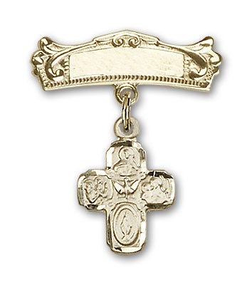 Pin Badge with 4-Way Charm and Arched Polished Engravable Badge Pin - 14K Solid Gold