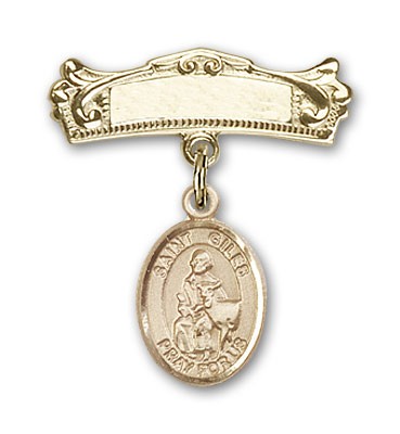 Pin Badge with St. Giles Charm and Arched Polished Engravable Badge Pin - Gold Tone