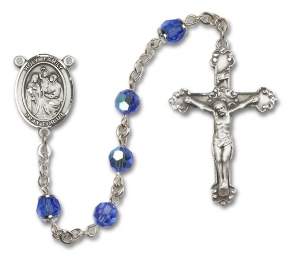 Holy Family Sterling Silver Heirloom Rosary Fancy Crucifix - Sapphire