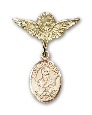Pin Badge with St. Alexander Sauli Charm and Angel with Smaller Wings Badge Pin - Gold Tone