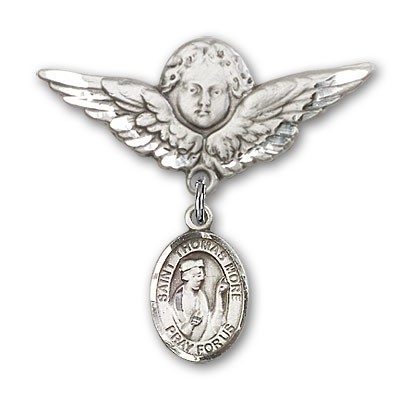 Pin Badge with St. Thomas More Charm and Angel with Larger Wings Badge Pin - Silver tone