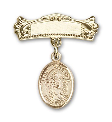 Pin Badge with St. Christina the Astonishing Charm and Arched Polished Engravable Badge Pin - 14K Solid Gold