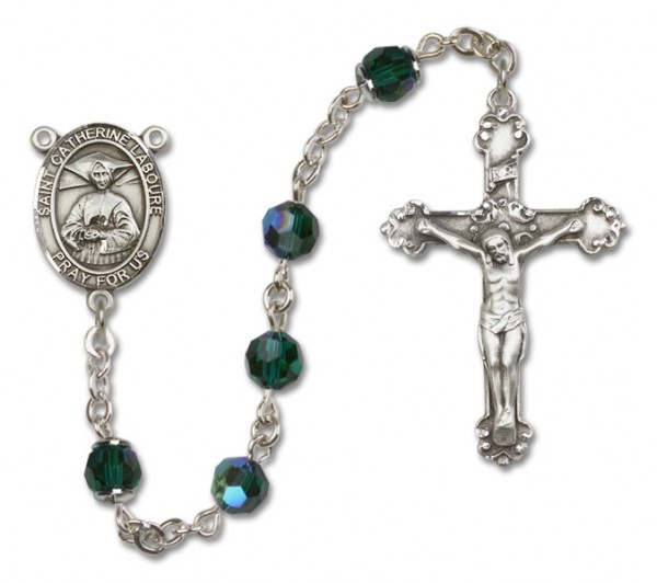 St. Catherine Laboure Sterling Silver Heirloom Rosary Fancy Crucifix - Emerald Green