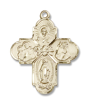Men's Budded Tip Floral Center Four-Way Medal - 14K Solid Gold