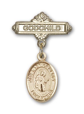 Baby Badge with Our Lady of Mercy Charm and Godchild Badge Pin - 14K Solid Gold