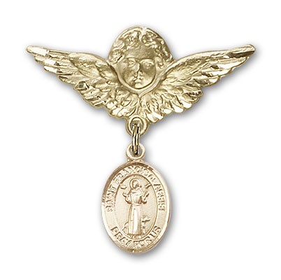 Pin Badge with St. Francis of Assisi Charm and Angel with Larger Wings Badge Pin - Gold Tone