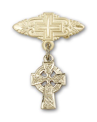 Pin Badge with Celtic Cross Charm and Badge Pin with Cross - 14K Solid Gold