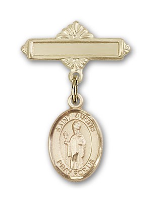 Pin Badge with St. Austin Charm and Polished Engravable Badge Pin - 14K Solid Gold