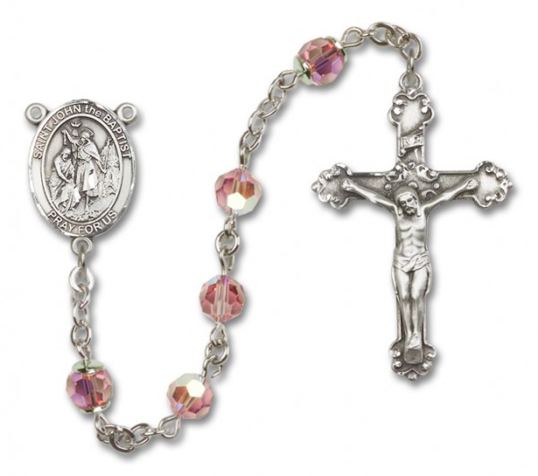 St. John the Baptist Sterling Silver Heirloom Rosary Fancy Crucifix - Light Rose