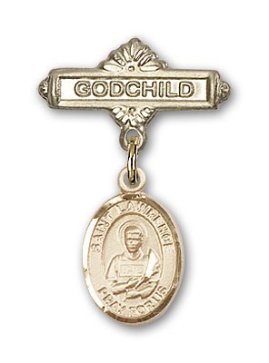 Pin Badge with St. Lawrence Charm and Godchild Badge Pin - 14K Solid Gold
