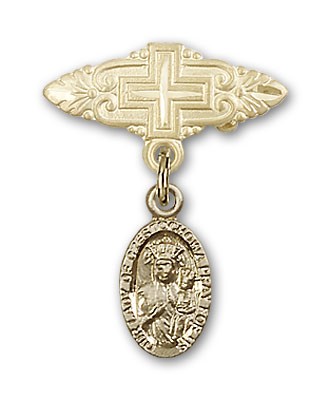 Pin Badge with Our Lady of Czestochowa Charm and Badge Pin with Cross - 14K Solid Gold