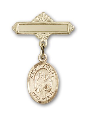 Pin Badge with St. Raphael the Archangel Charm and Polished Engravable Badge Pin - 14K Solid Gold