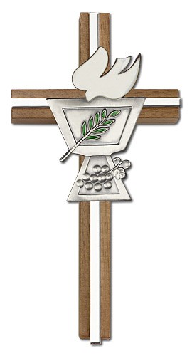 Confirmation Chalice and Dove Wall Cross in Walnut Wood with Metal Inlay 6&quot; - Silver tone