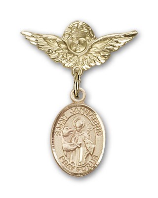 Pin Badge with St. Januarius Charm and Angel with Smaller Wings Badge Pin - 14K Solid Gold