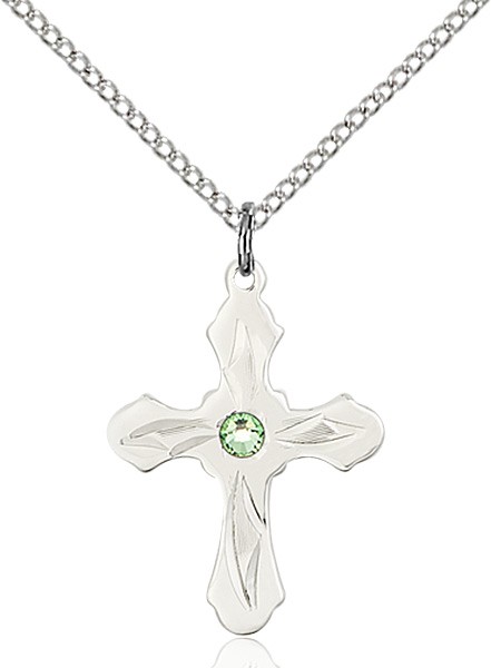 Youth Cross Pendant with Pointed Etching Birthstone Options - Peridot