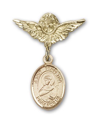 Pin Badge with St. Perpetua Charm and Angel with Smaller Wings Badge Pin - Gold Tone