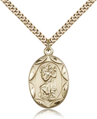Scalloped Edge Blue Enamel Center St. Christopher Necklace - 14KT Gold Filled