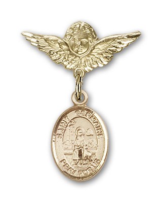 Pin Badge with St. Germaine Cousin Charm and Angel with Smaller Wings Badge Pin - 14K Solid Gold