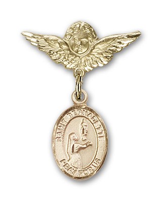 Pin Badge with St. Bernadette Charm and Angel with Smaller Wings Badge Pin - 14K Solid Gold
