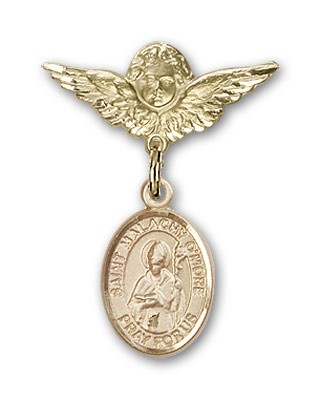 Pin Badge with St. Malachy O'More Charm and Angel with Smaller Wings Badge Pin - 14K Solid Gold