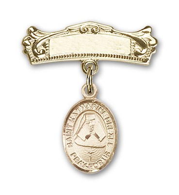 Pin Badge with St. Katherine Drexel Charm and Arched Polished Engravable Badge Pin - 14K Solid Gold