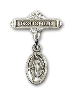 Baby Badge with Blue Miraculous Charm and Godchild Badge Pin - Silver tone
