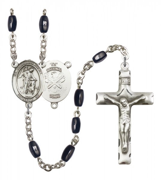 Men's Guardian Angel National Guard Silver Plated Rosary - Black | Silver