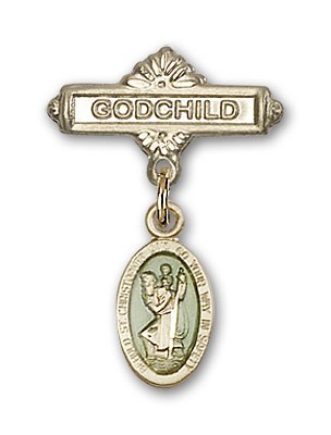 Pin Badge with St. Christopher Charm and Godchild Badge Pin - 14KT Gold Filled | Blue Enamel