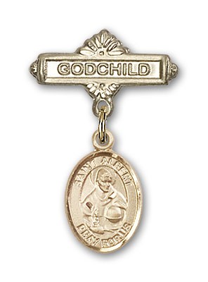 Pin Badge with St. Albert the Great Charm and Godchild Badge Pin - Gold Tone