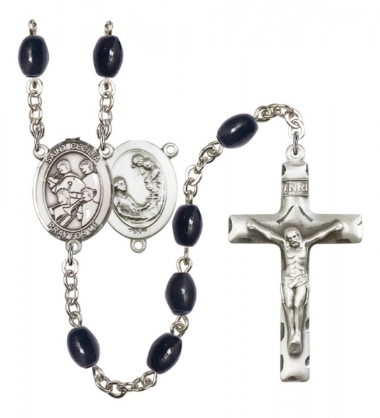 Men's St. Cecilia Marching Band Silver Plated Rosary - Black Oval