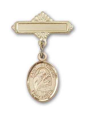 Pin Badge with St. Aloysius Gonzaga Charm and Polished Engravable Badge Pin - Gold Tone
