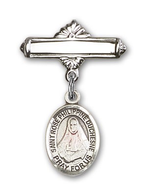 Pin Badge with St. Rose Philippine Charm and Polished Engravable Badge Pin - Silver tone