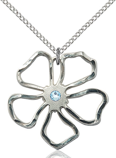 Five Petal Flower Pendant with Birthstone Center - Aqua