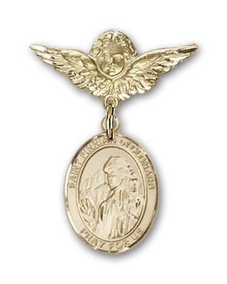 Pin Badge with St. Finnian of Clonard Charm and Angel with Smaller Wings Badge Pin - Gold Tone