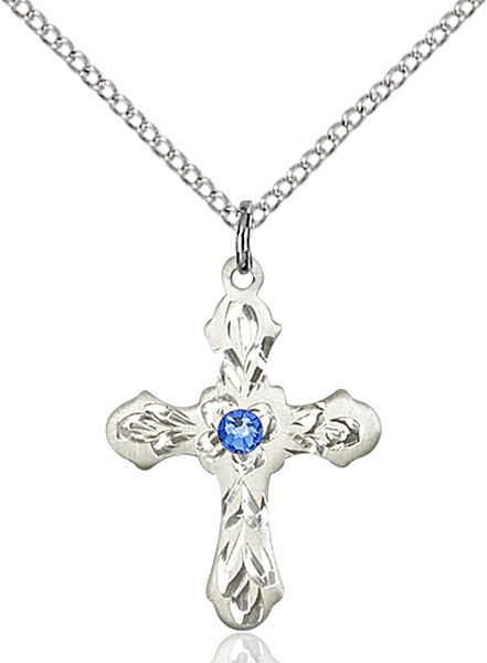 Medium Floral and Petal Cross Pendant with Birthstone Options - Sapphire